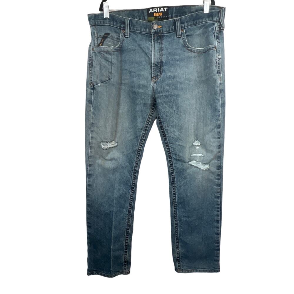 ARIAT JEANS Mens 38/33 Blue M5 Rebar Slim Straight Distressed has stretch WORK